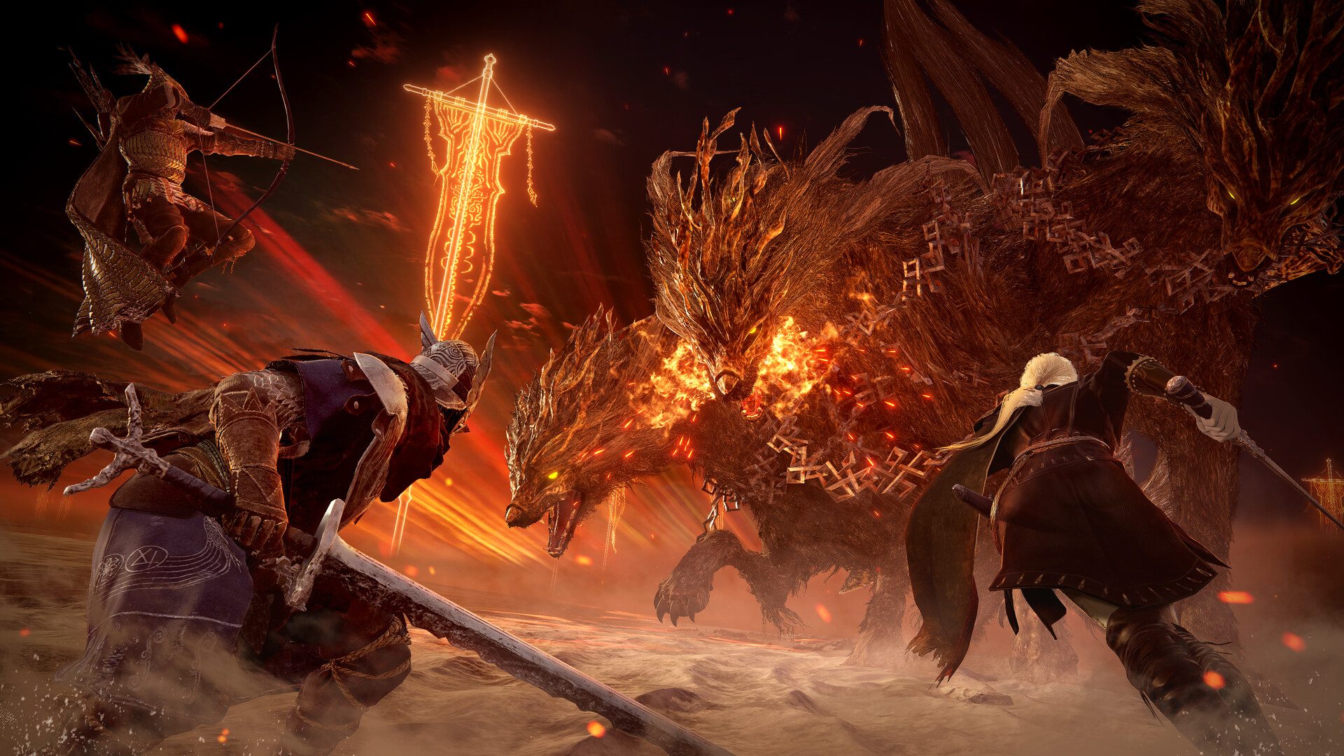 Three soldiers fighting a fire monster in Elden Ring Nightreign.