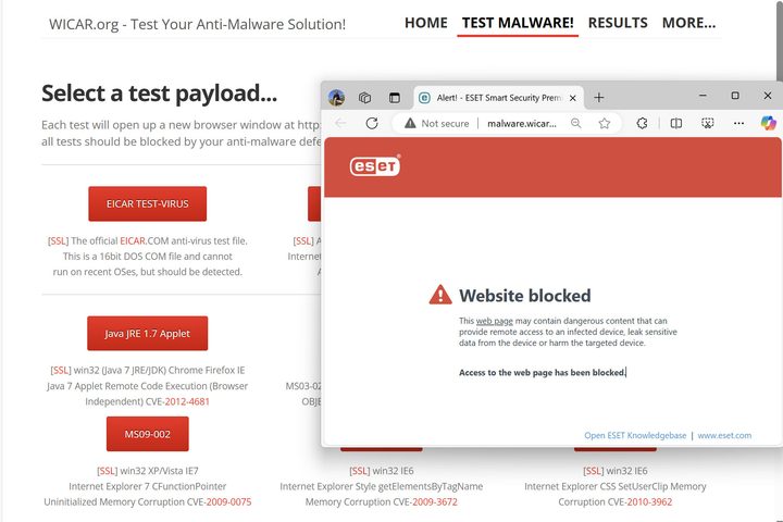 Eset Premium blocked all of Wicar's malware tests.