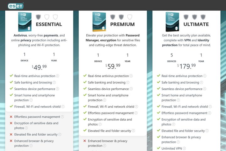 Eset offers three security subscription tiers, each with options to add more devices extend the period.