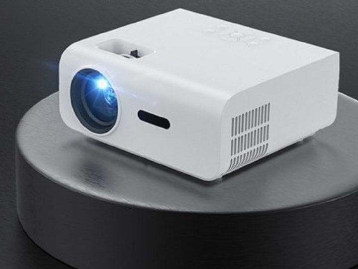 The Groview 1080p Projector on a stand.