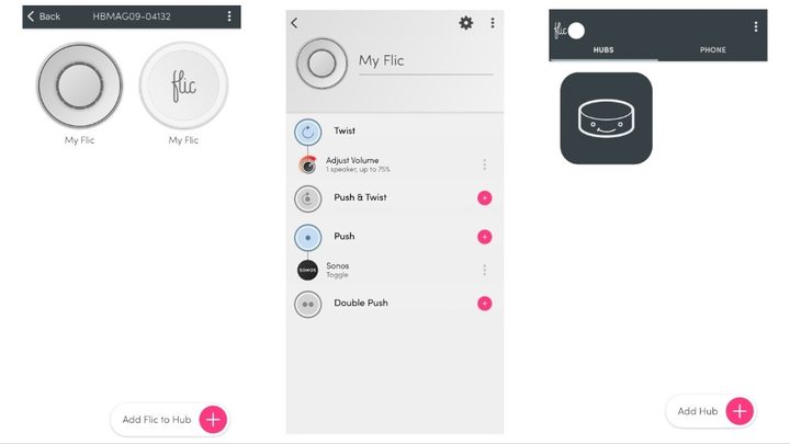 Multiple pages of the Flic app.