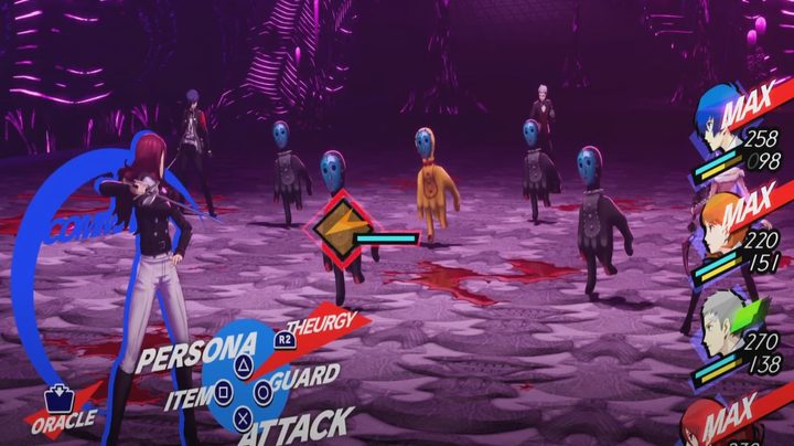 An RPG party fights dancing hands in Persona 3 Reload.