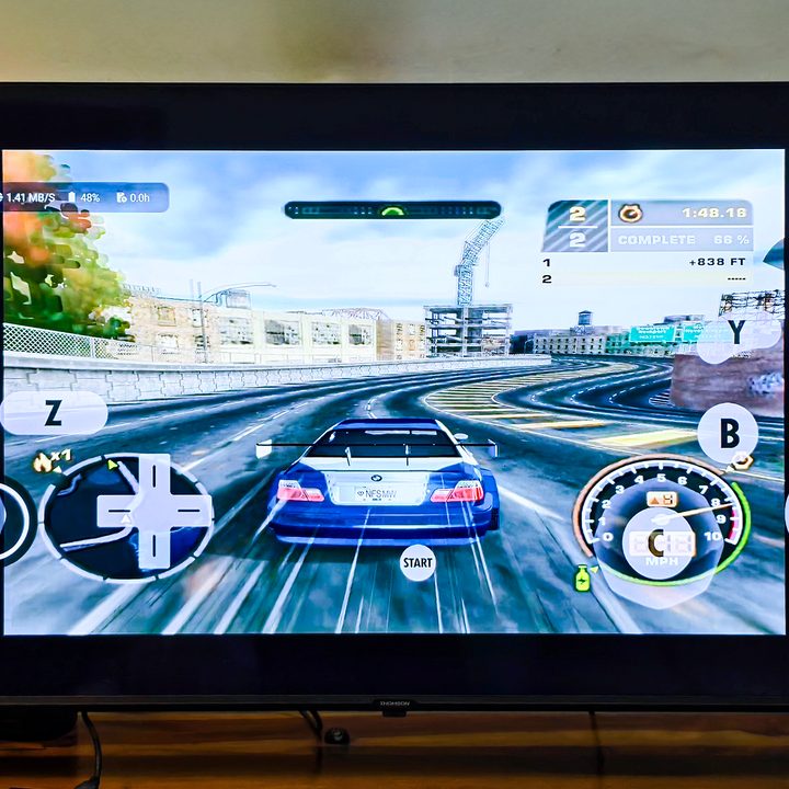 NFS Most Wanted being cast to TV running via Dolphin Emulator on RedMagic PS Pro.