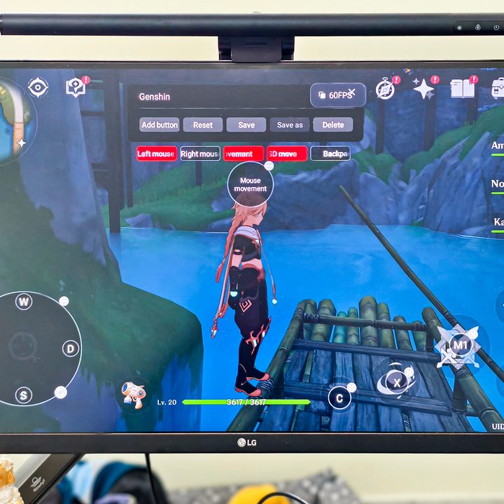 Keymapping for keyboard and mouse controls playing Genshin Impact on an external monitor cast from the RedMagic 9S Pro.