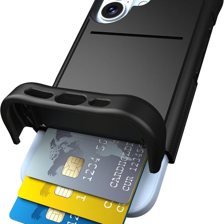 Scooch Wallet Case for iPhone 16, open with three fake credit cards sliding out