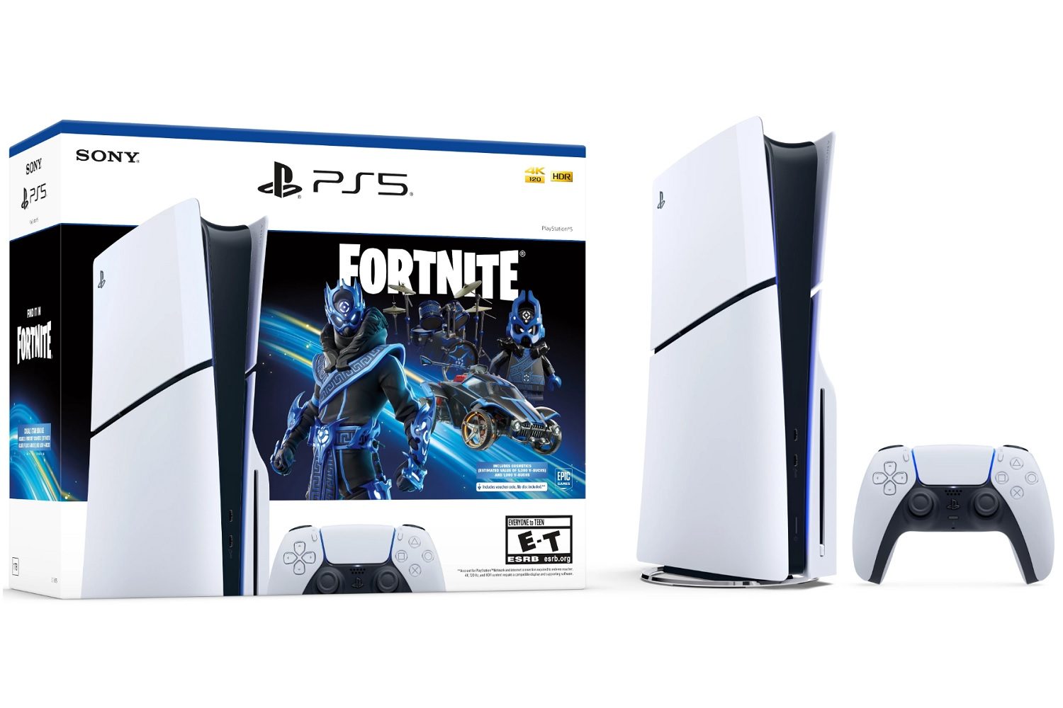 The Sony PlayStation 5 Slim Disc Edition Fortnite Cobalt Star Bundle and its box.
