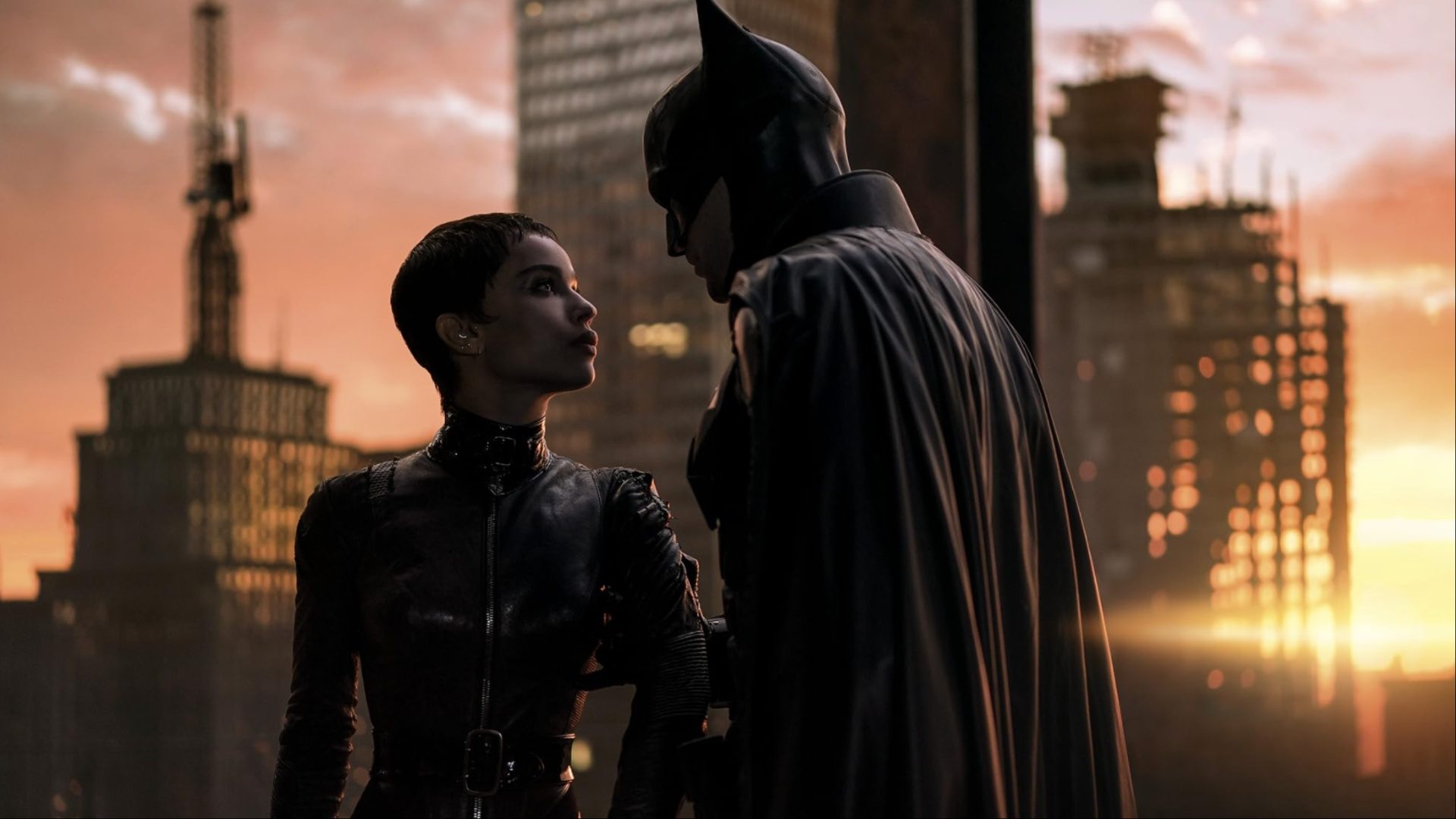 Catwoman looks at Batman in The Batman.