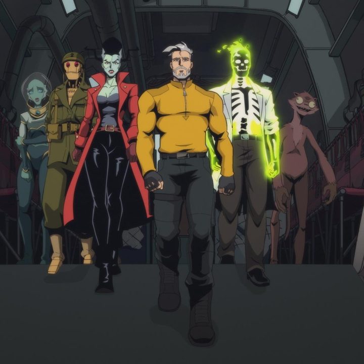 The Creature Commandos walk out of a cargo plane in "Creature Commandos."