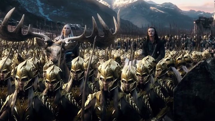 The army of elves and Bard the Bowman march on the mountain in The Hobbit: The Battle of the Five Armies.