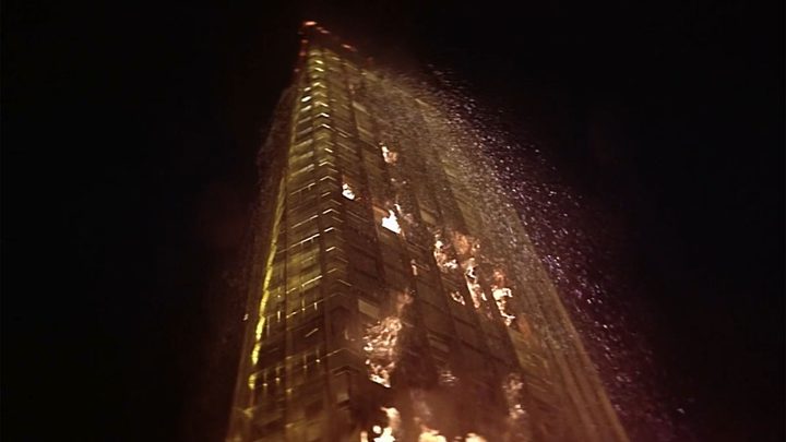 The Glass Tower burns in The Towering Inferno.