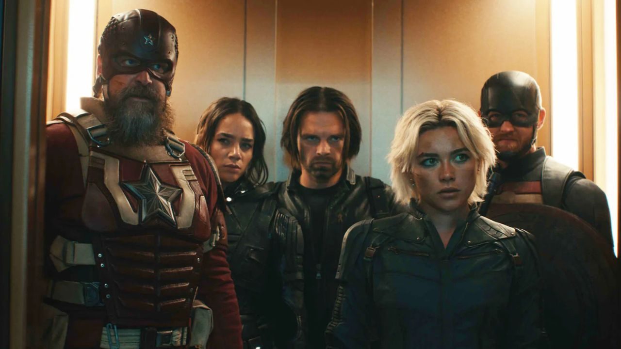 The cast of "Thunderbolts*" looking ahead in an elevator.
