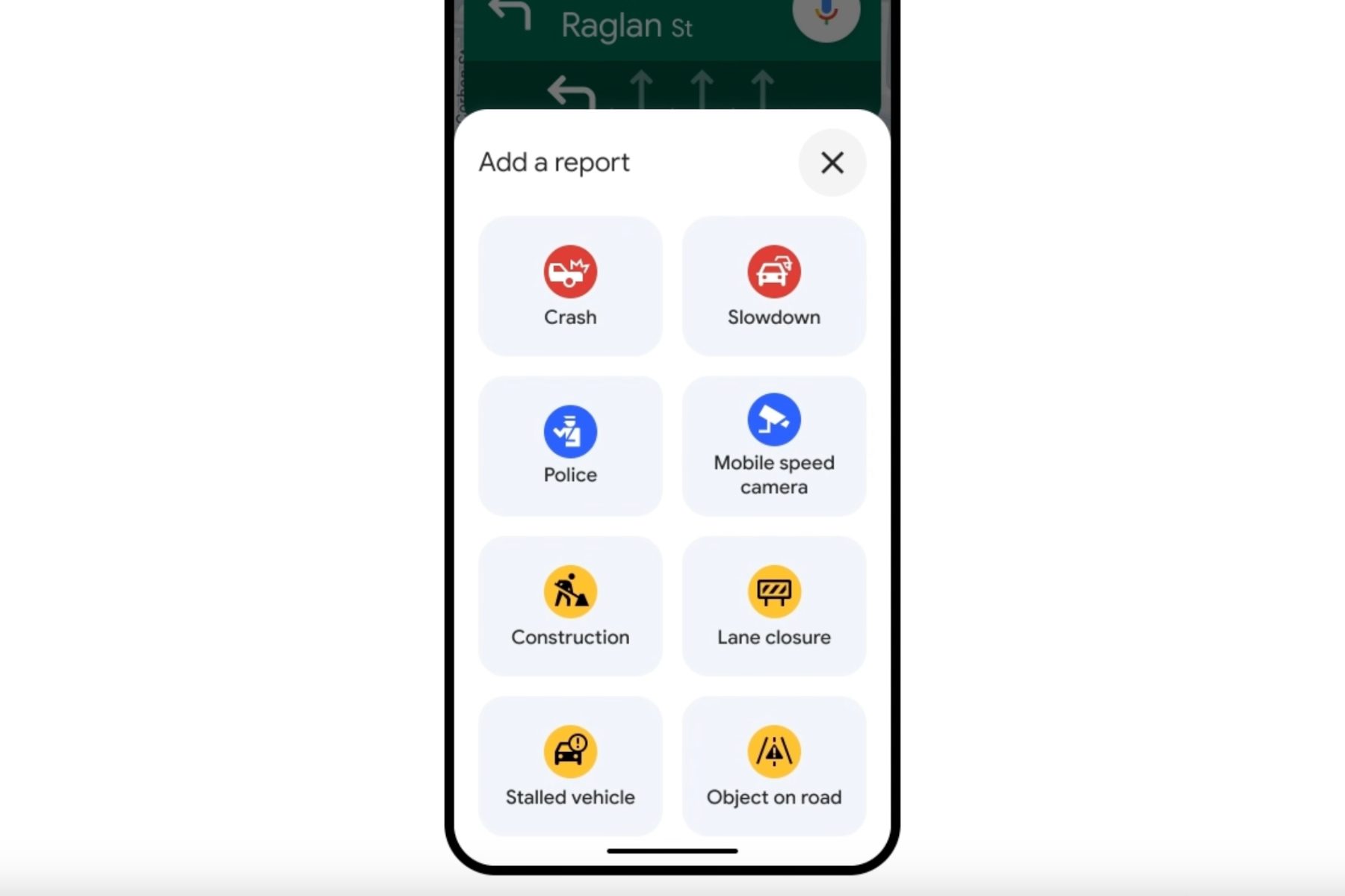 Incident reporting presets in Google Maps.