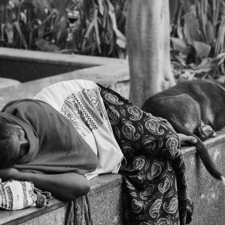 Homeless person sleeping next to a street dog captured with the Vivo X200 Pro.