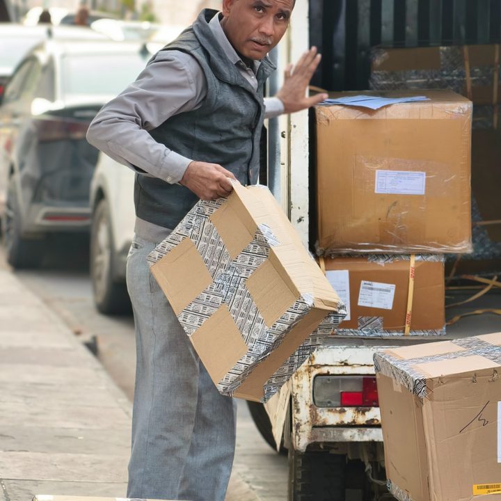 Man unloading packages from a van onto the sidewalk captured with the Vivo X200 Pro.