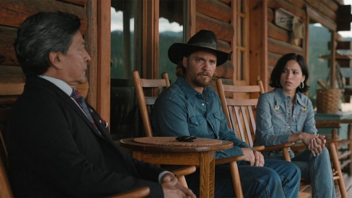 Gil Birmingham, Luke Grimes, and Kelsey Asbille in Yellowstone.