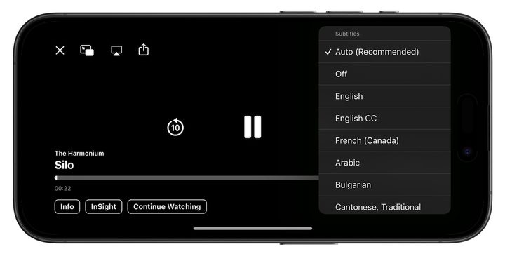 The Apple TV app on an iPhone showing how to activate subtitles.