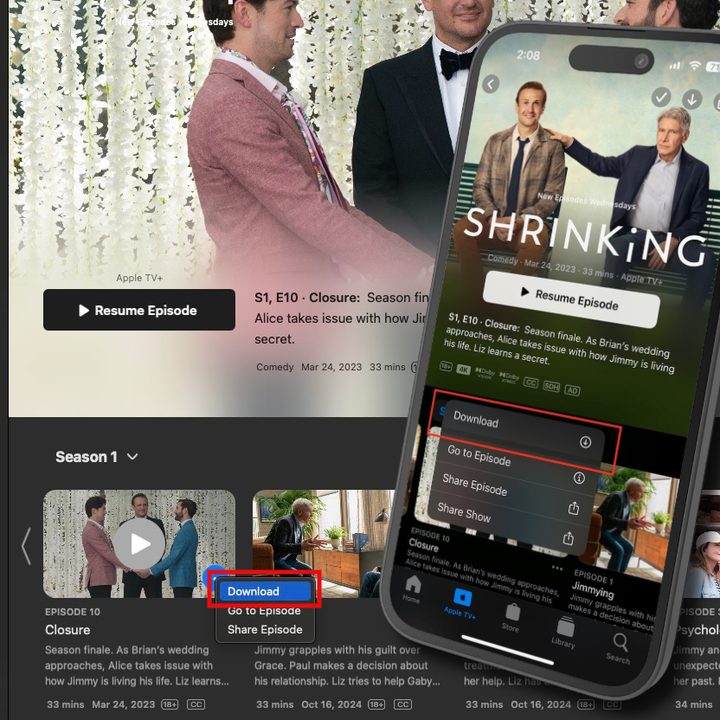 An image showing the menu items for how to download from Apple TV+ on a mac and iPhone.