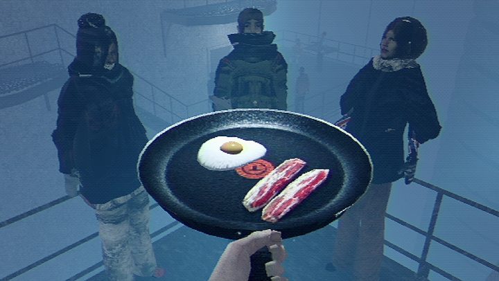 A hand holds a frying pan full of eggs and bacon in Arctic Eggs.