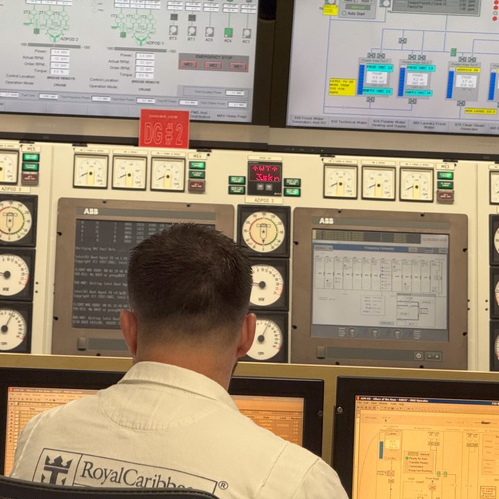 A zoom photo of the monitors in the control room aboard Royal Caribbean Allure of the Seas in December 2024 (captured on the iPhone 16 Pro)
