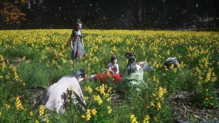 Women kneel in a flower field in Black Myth: Wukong.
