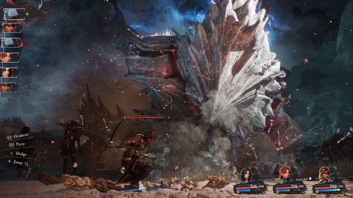 An RPG party fights a giant boss in Clair Obscura: 33 Expeditions.