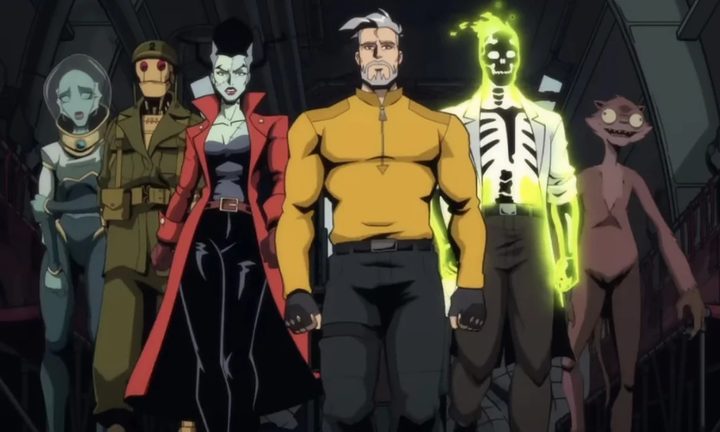 A team of animated characters stand in a line in "Creature Commandos."