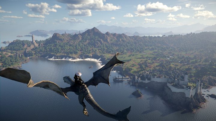A man flies over water on a dragon in Crimson Desert.