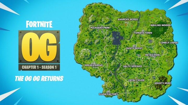 Fortnite's original map appears on a blue background.