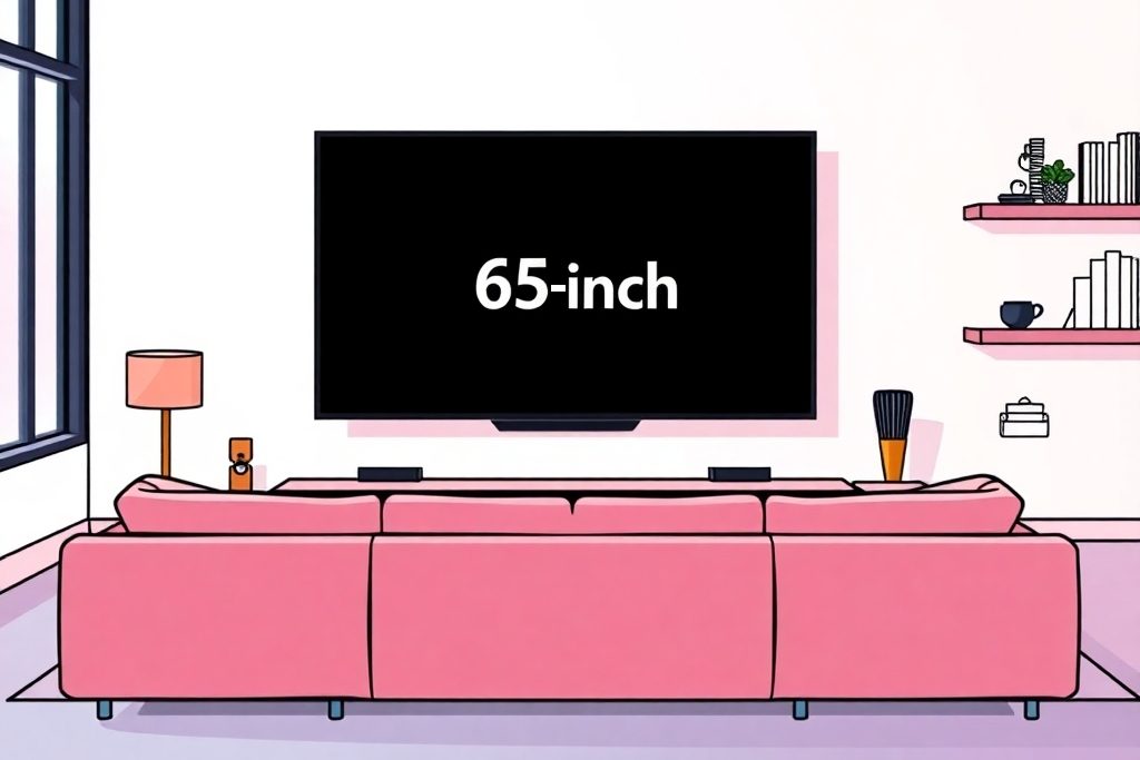 An illustration of a TV on a wall from behind a couch.