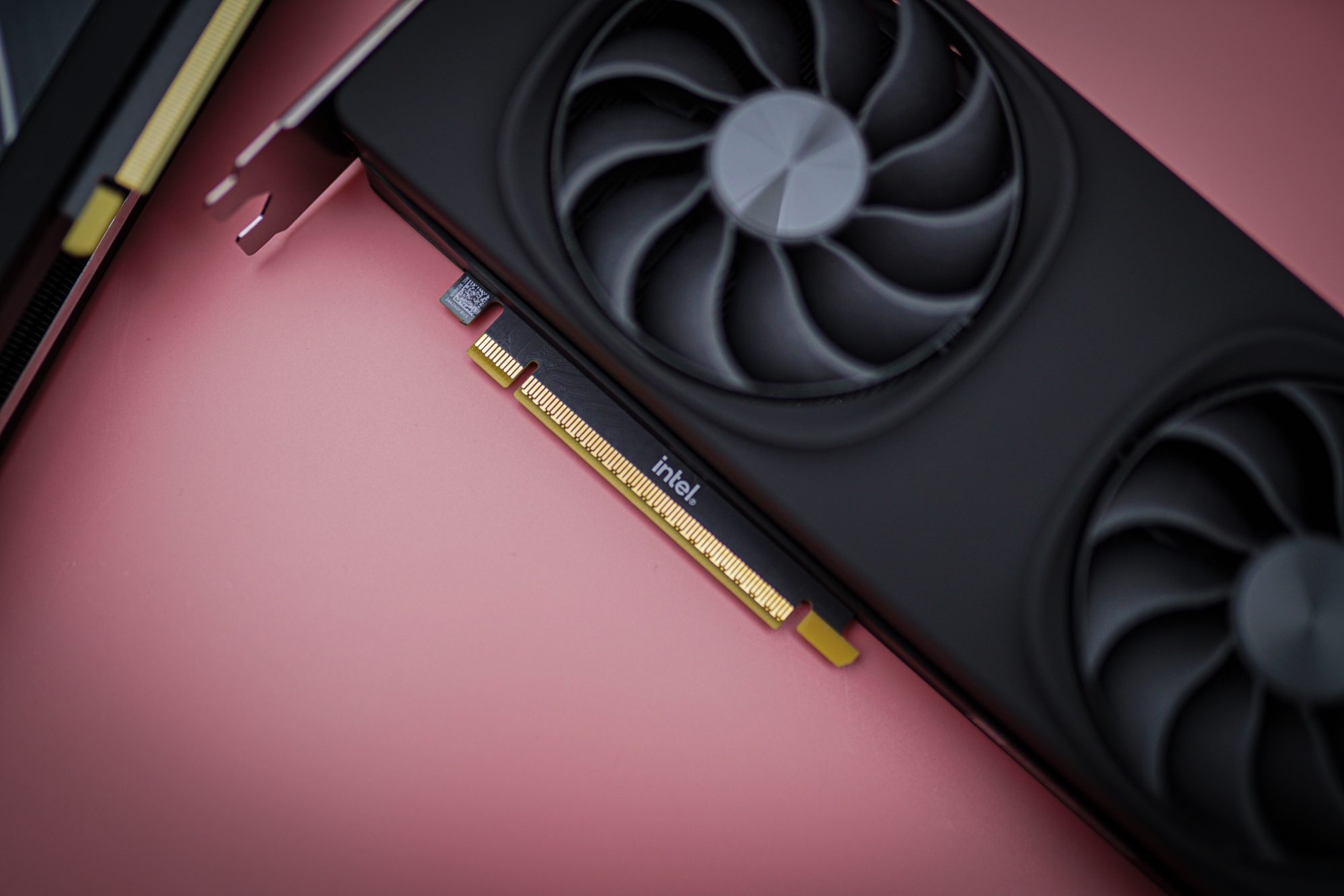 The Intel logo on the Arc B580 graphics card.
