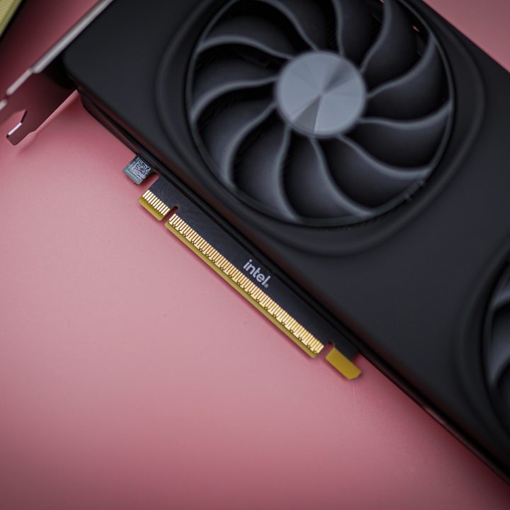 The Intel logo on the Arc B580 graphics card.