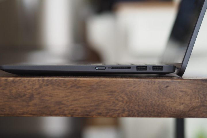 Lenovo IdeaPad Flex 5i side view showing lid and ports.
