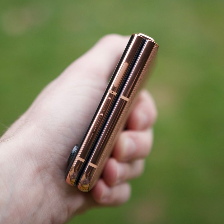 Gold accents on the Mocha Mousse Motorola Razr Plus.