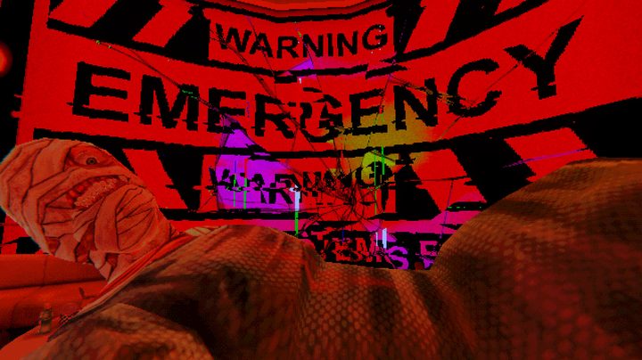 A shattered screen shows an emergency warning in Mouthwashing.