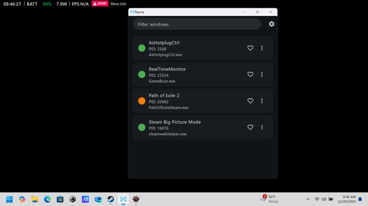 The Nyrna app running on the ROG Ally.