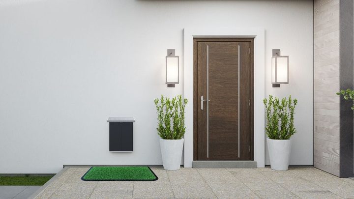 The Pawport pet door installed outside next to a pet mat.