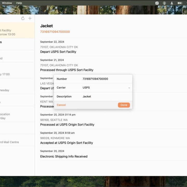 Adding a new delivery to the Parcel app for Mac