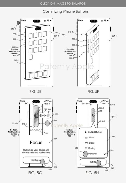 Screenshot showing image from patent application for multiple Action buttons on future iPhones.