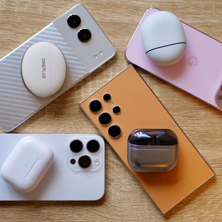 The OnePlus Nord 4 and OnePlus Buds Pro 3, Google Pixel 9 Pro and Google Pixel Buds 3, Apple iPhone 16 Pro Max with Airpods Pro 2, and Samsung Galaxy S24 Ultra with Samsung Galaxy Buds3 Pro.