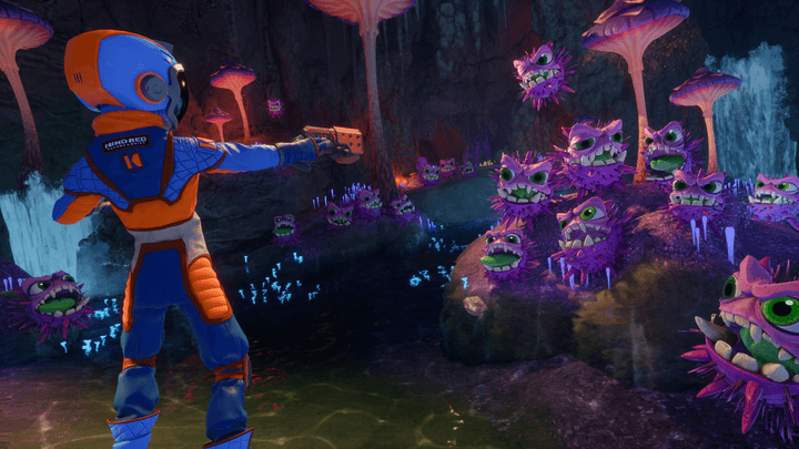 An astronaut aims his gun at critters in Revenge of the Savage Planet.