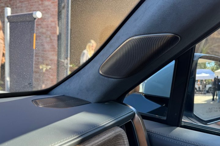 The front pillar and front right dash speakers in a Rivian R1S electric car.