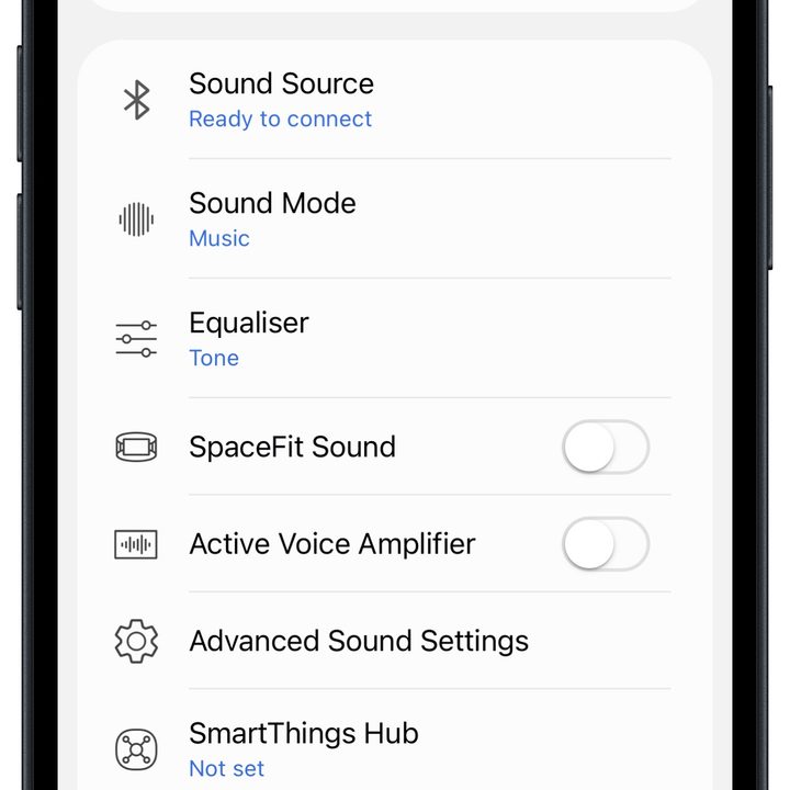 Samsung SmartThings app for iOS: Music Frame settings.