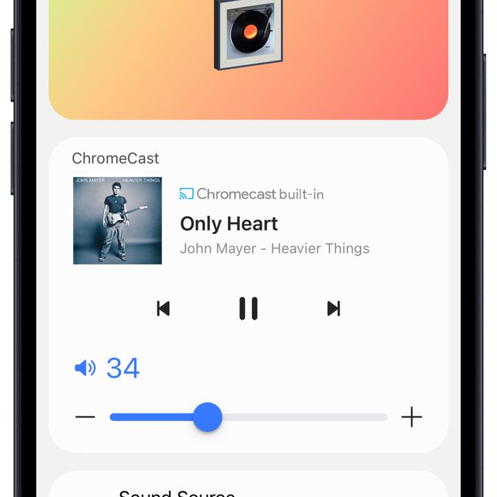 Samsung SmartThings app for iOS: Music Frame home screen.
