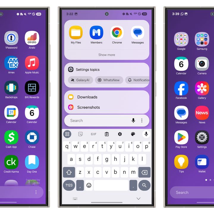 Screenshots of the new app drawer in Samsung's One UI 7 update.