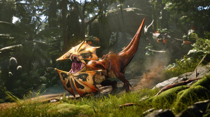 A dinosaur roaring in Turok: Origins.