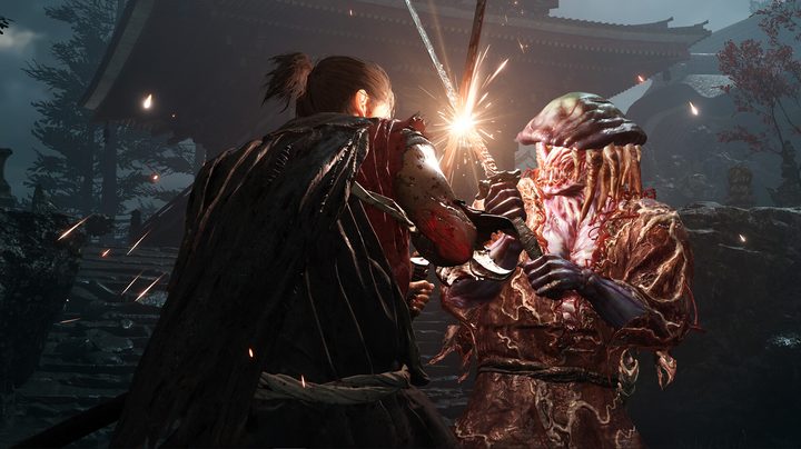 A samurai and monster clashing swords in Onimusha: Way of the Sword.