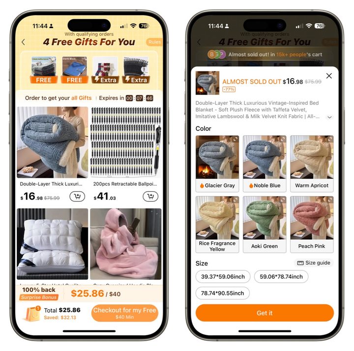 Screenshots showing Temu app.