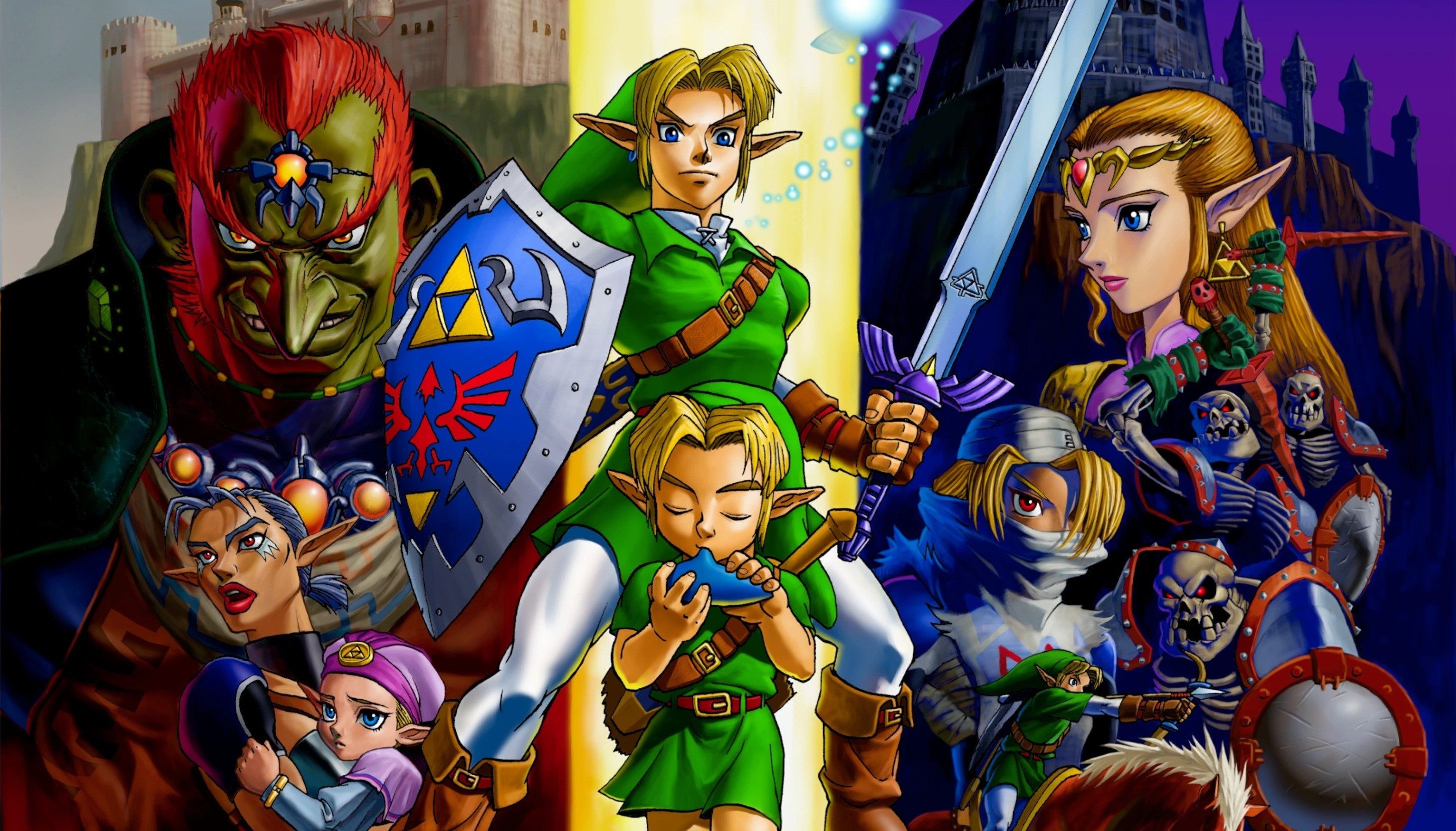 The cast of The Legend of Zelda: Ocarina of Time poses in promotional art.