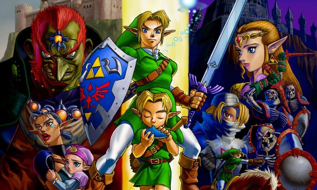 The cast of The Legend of Zelda: Ocarina of Time poses in promotional art.