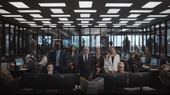 A group of people stand in a room and look up in Zero Day.